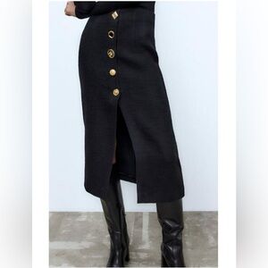 Zara Black Texture Pencil Skirt with Gold Button Detail NEW